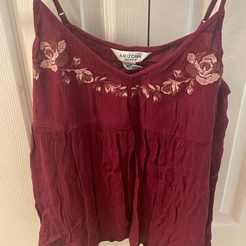 Arizona Jean Company Burgundy Tank Top with Floral Embroidery